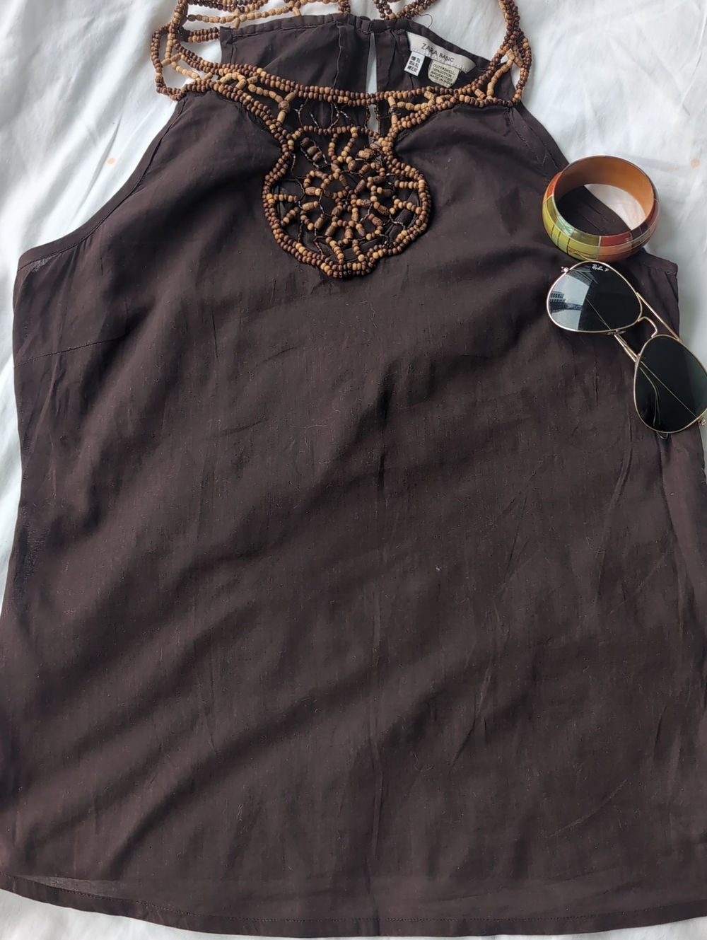 Zara Brown Cotton Blend Sleeveless Top | Size M | Beaded Neckline Detail